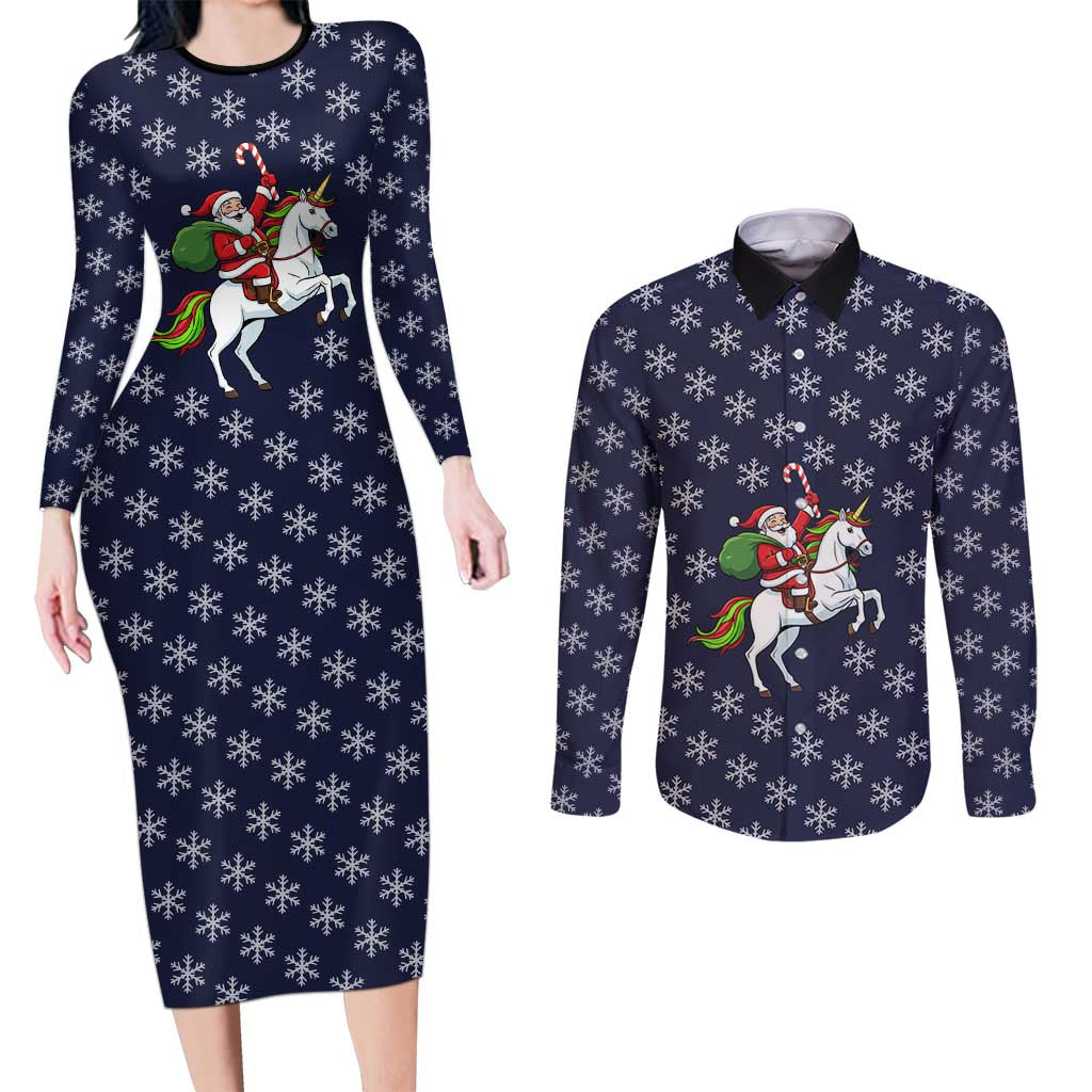 Horse And Santa Claus Christmas Christmas Couples Matching Long Sleeve Bodycon Dress and Long Sleeve Button Shirt Xmas Holiday Patterns - Wonder Print Shop