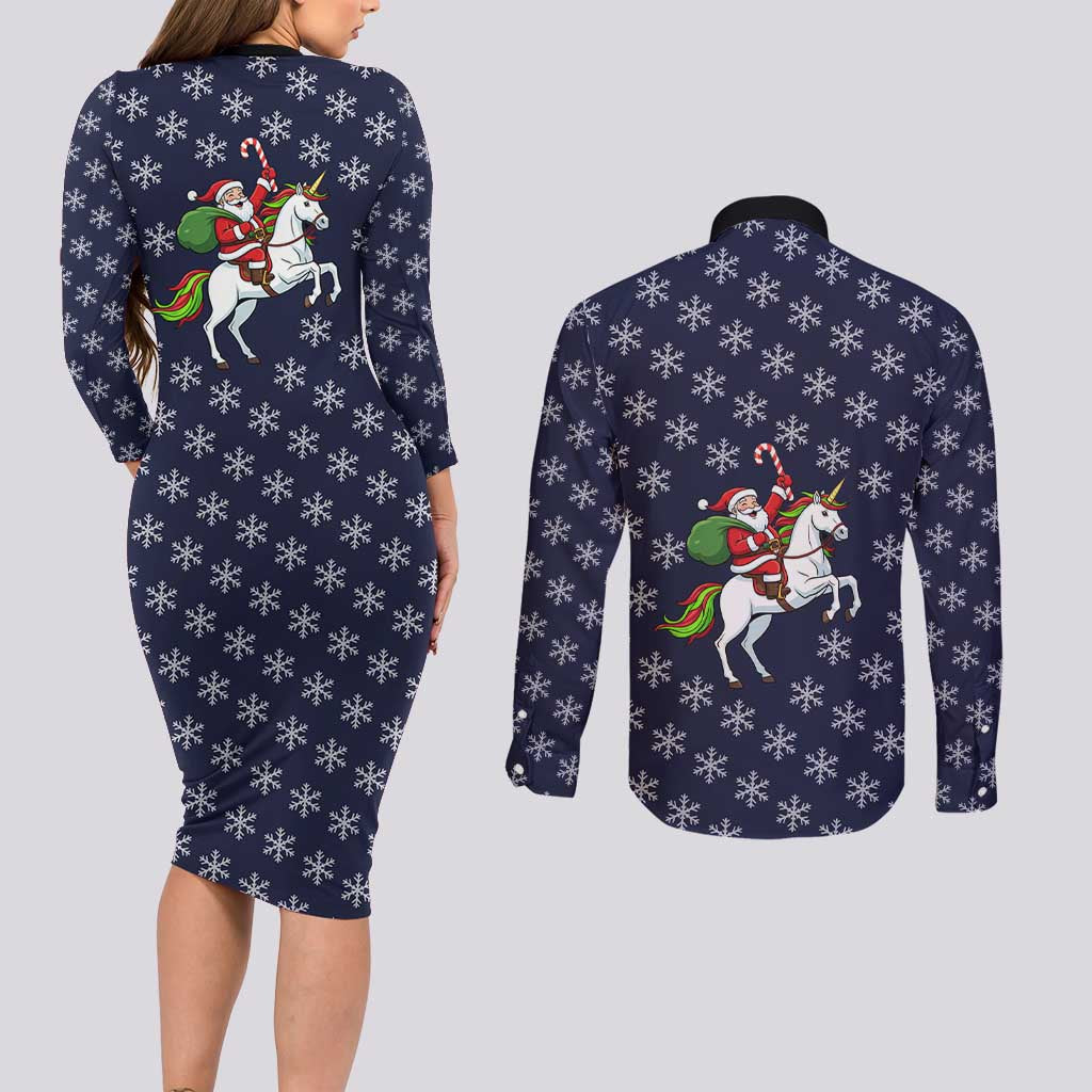 Horse And Santa Claus Christmas Christmas Couples Matching Long Sleeve Bodycon Dress and Long Sleeve Button Shirt Xmas Holiday Patterns - Wonder Print Shop