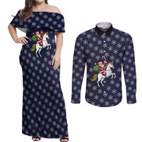 Horse And Santa Claus Christmas Christmas Couples Matching Off Shoulder Maxi Dress and Long Sleeve Button Shirt Xmas Holiday Patterns - Wonder Print Shop
