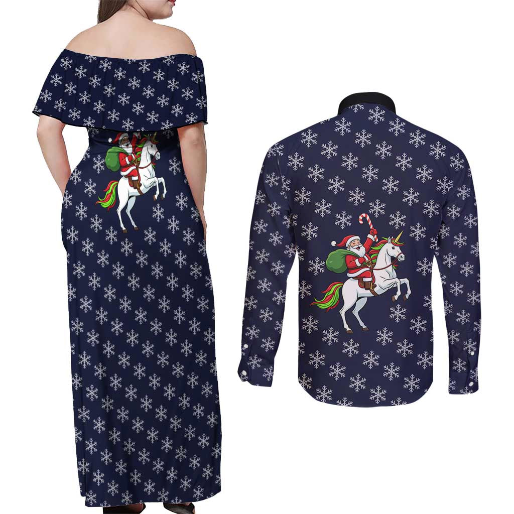 Horse And Santa Claus Christmas Christmas Couples Matching Off Shoulder Maxi Dress and Long Sleeve Button Shirt Xmas Holiday Patterns - Wonder Print Shop