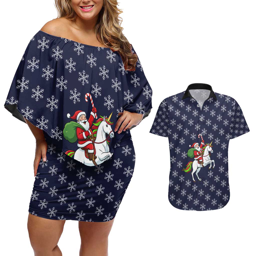 Horse And Santa Claus Christmas Christmas Couples Matching Off Shoulder Short Dress and Hawaiian Shirt Xmas Holiday Patterns - Wonder Print Shop
