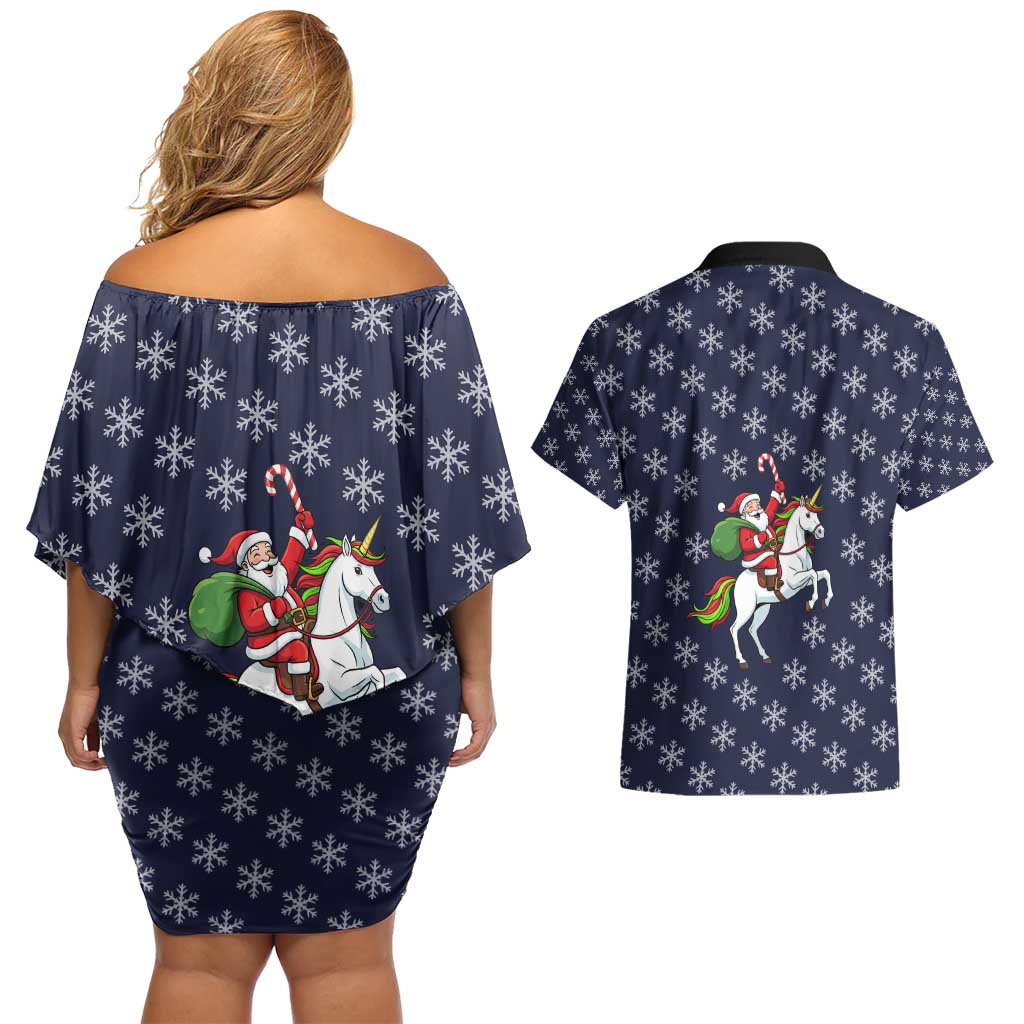 Horse And Santa Claus Christmas Christmas Couples Matching Off Shoulder Short Dress and Hawaiian Shirt Xmas Holiday Patterns - Wonder Print Shop