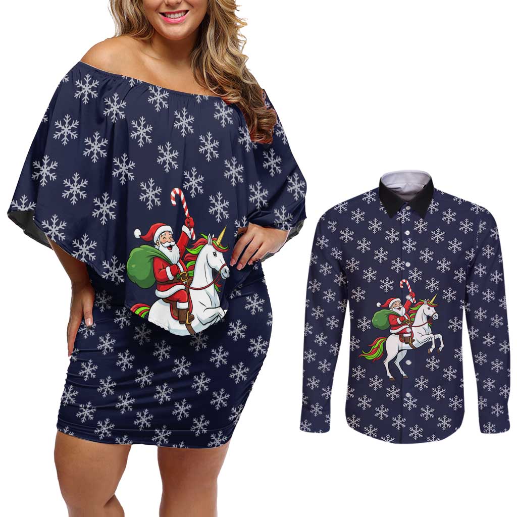 Horse And Santa Claus Christmas Christmas Couples Matching Off Shoulder Short Dress and Long Sleeve Button Shirt Xmas Holiday Patterns - Wonder Print Shop