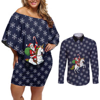 Horse And Santa Claus Christmas Christmas Couples Matching Off Shoulder Short Dress and Long Sleeve Button Shirt Xmas Holiday Patterns - Wonder Print Shop