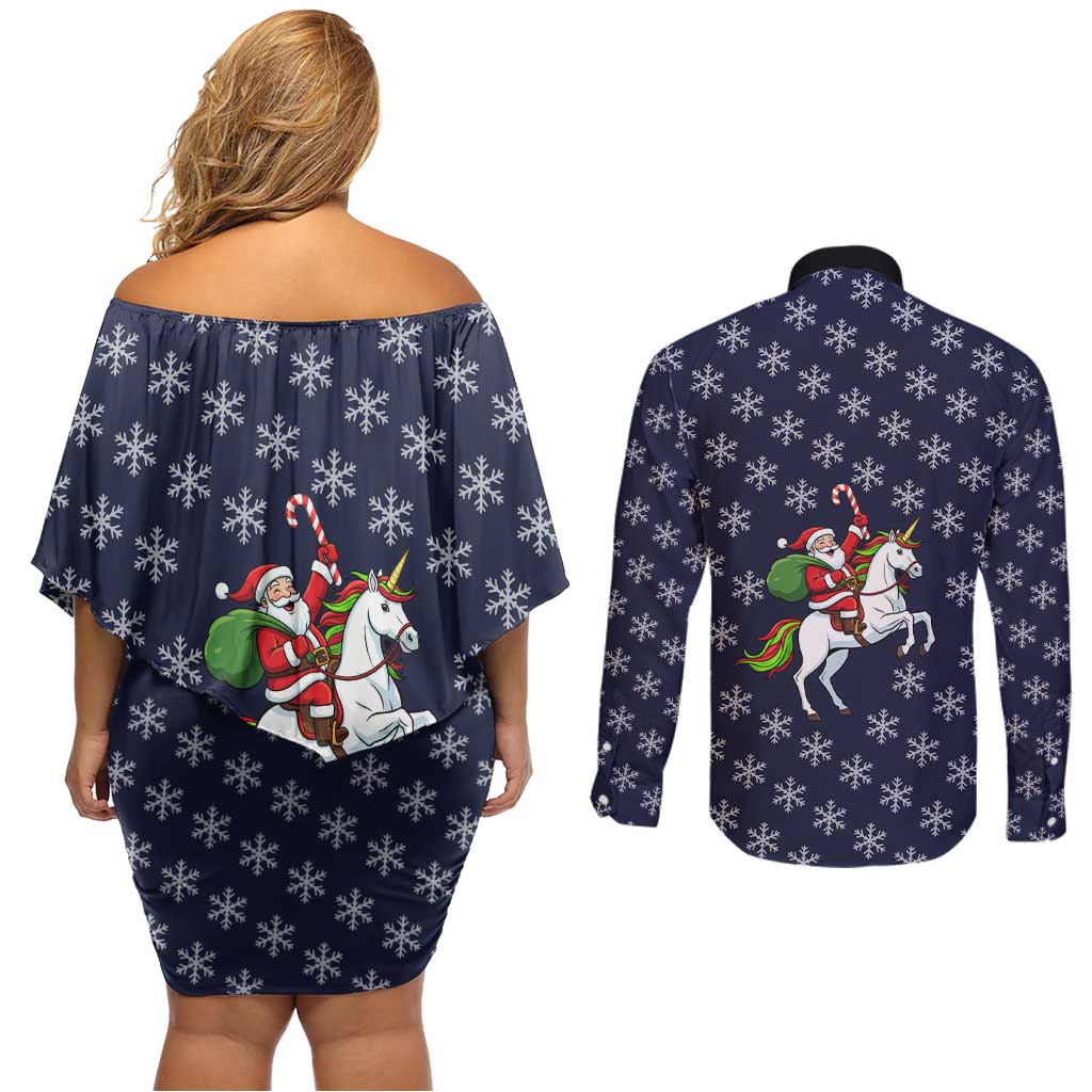 Horse And Santa Claus Christmas Christmas Couples Matching Off Shoulder Short Dress and Long Sleeve Button Shirt Xmas Holiday Patterns - Wonder Print Shop