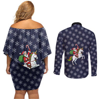 Horse And Santa Claus Christmas Christmas Couples Matching Off Shoulder Short Dress and Long Sleeve Button Shirt Xmas Holiday Patterns - Wonder Print Shop