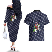 Horse And Santa Claus Christmas Christmas Couples Matching Off The Shoulder Long Sleeve Dress and Hawaiian Shirt Xmas Holiday Patterns - Wonder Print Shop