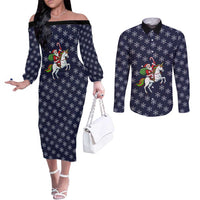 Horse And Santa Claus Christmas Christmas Couples Matching Off The Shoulder Long Sleeve Dress and Long Sleeve Button Shirt Xmas Holiday Patterns - Wonder Print Shop