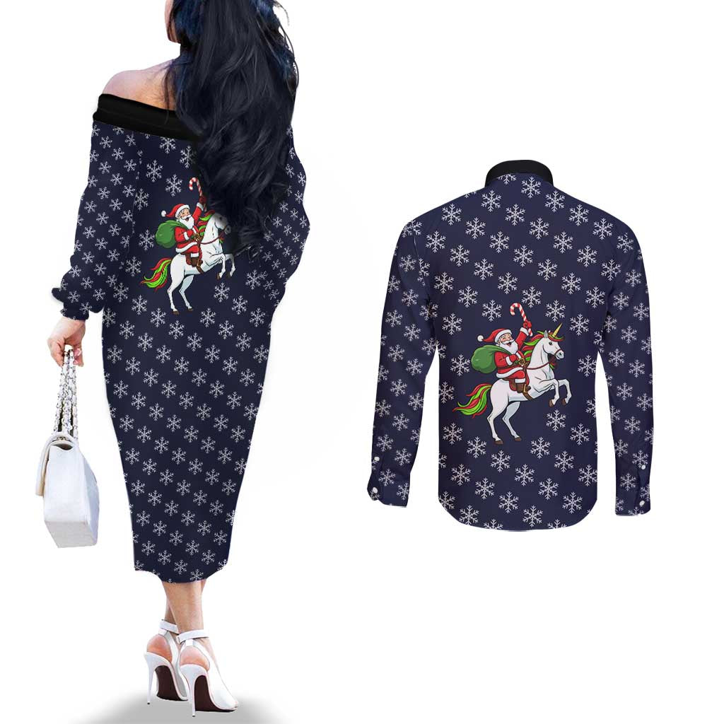 Horse And Santa Claus Christmas Christmas Couples Matching Off The Shoulder Long Sleeve Dress and Long Sleeve Button Shirt Xmas Holiday Patterns - Wonder Print Shop