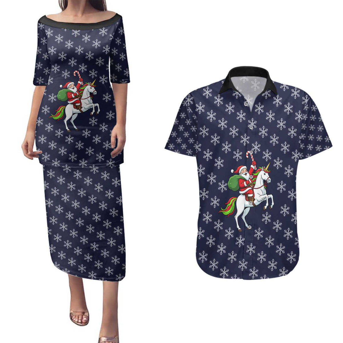 Horse And Santa Claus Christmas Christmas Couples Matching Puletasi and Hawaiian Shirt Xmas Holiday Patterns - Wonder Print Shop