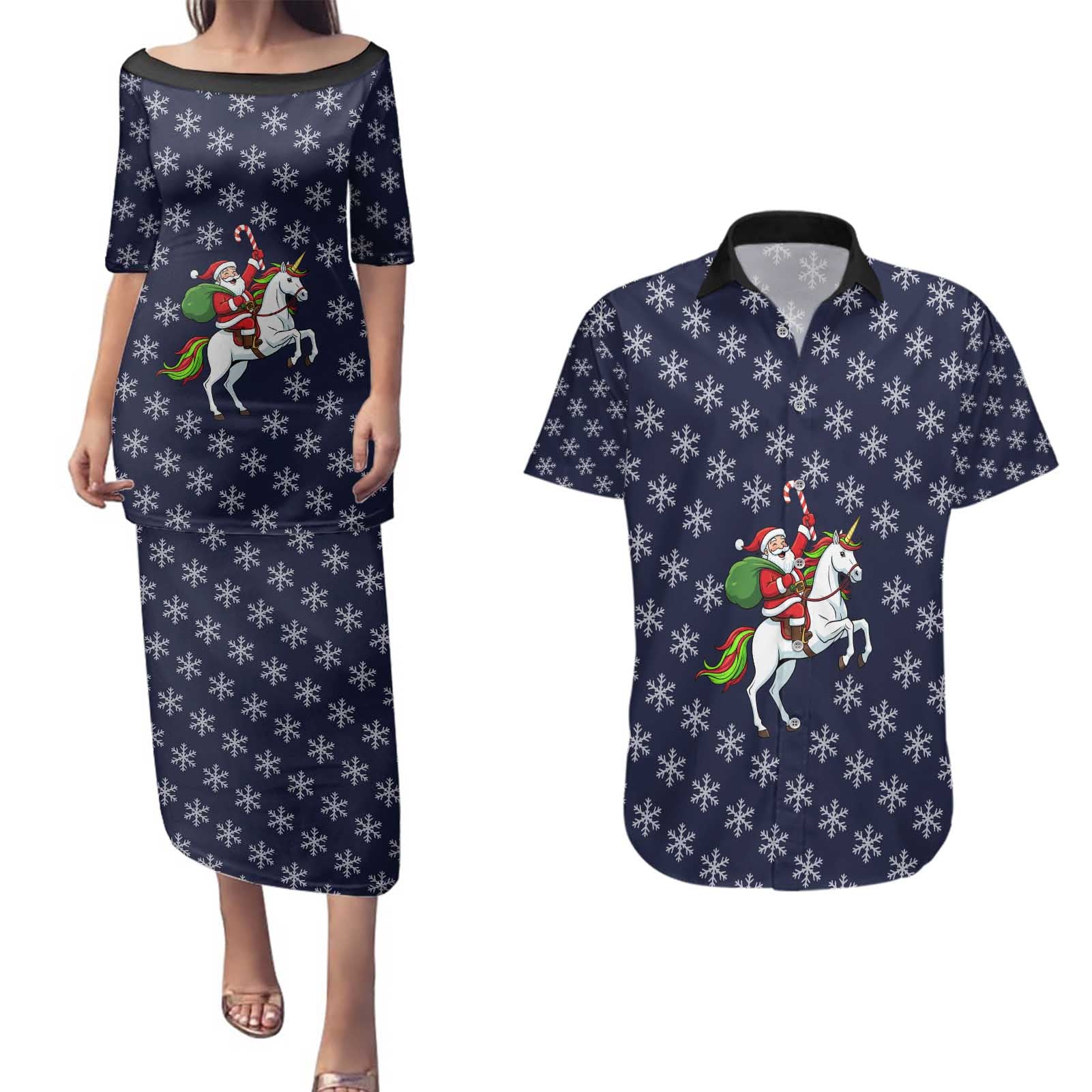 Horse And Santa Claus Christmas Christmas Couples Matching Puletasi and Hawaiian Shirt Xmas Holiday Patterns - Wonder Print Shop