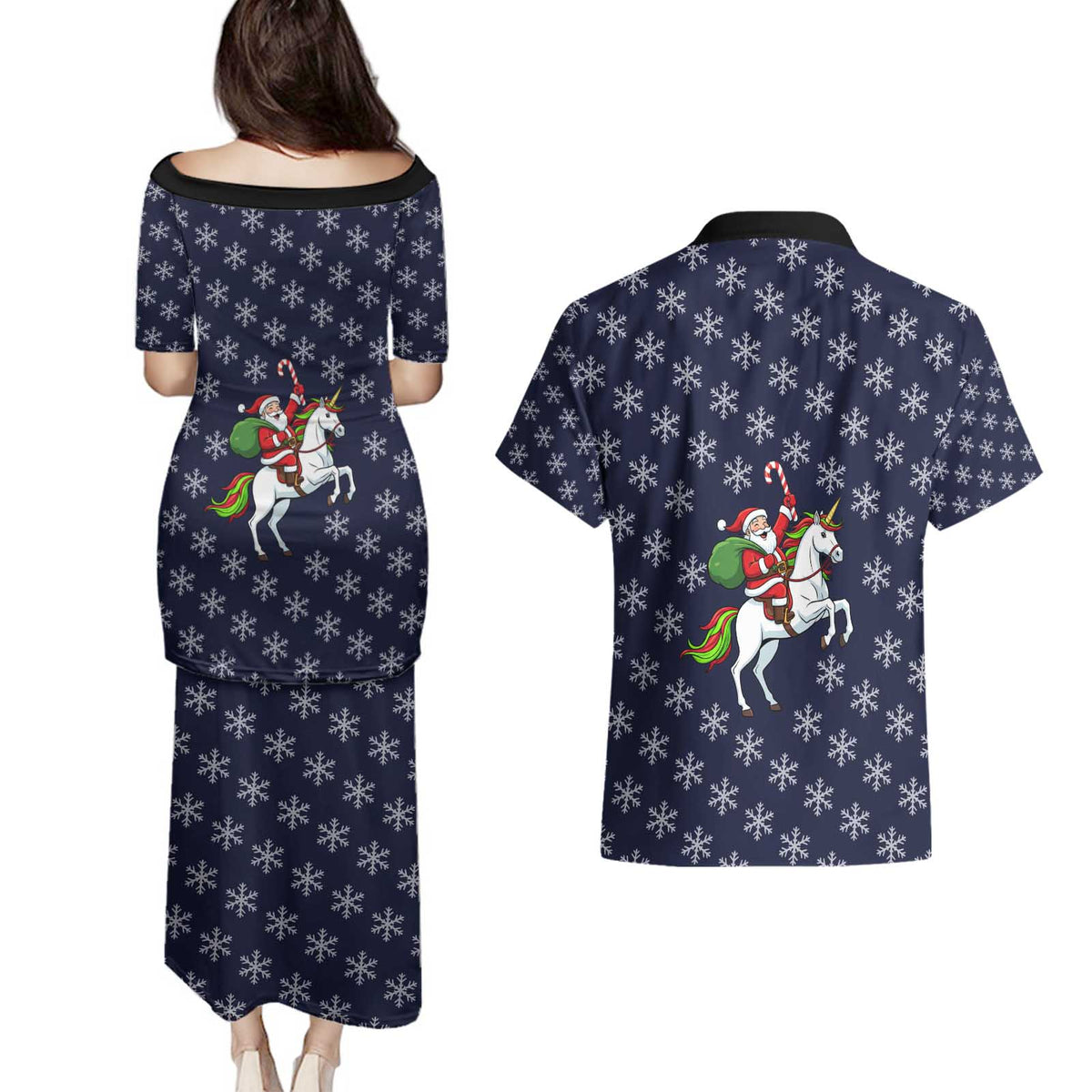 Horse And Santa Claus Christmas Christmas Couples Matching Puletasi and Hawaiian Shirt Xmas Holiday Patterns - Wonder Print Shop