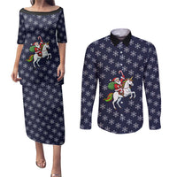 Horse And Santa Claus Christmas Christmas Couples Matching Puletasi and Long Sleeve Button Shirt Xmas Holiday Patterns - Wonder Print Shop