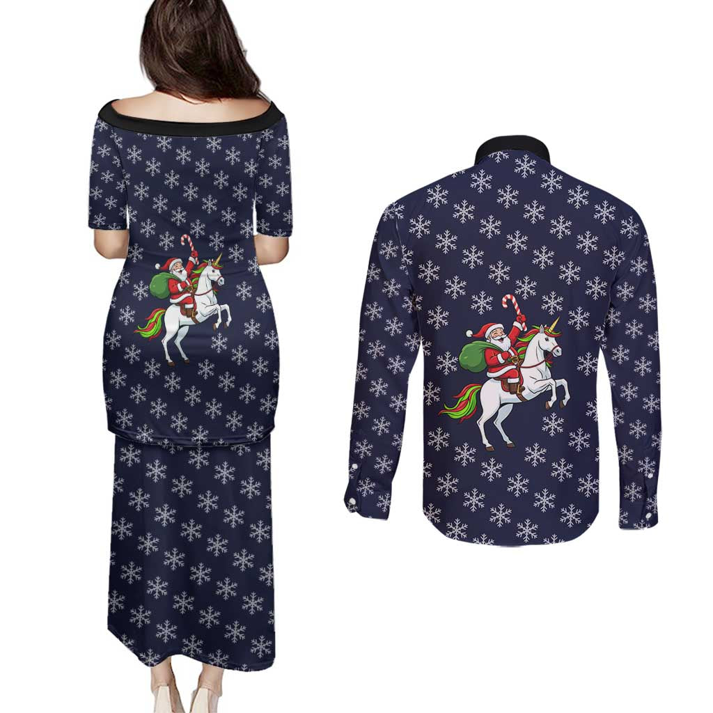 Horse And Santa Claus Christmas Christmas Couples Matching Puletasi and Long Sleeve Button Shirt Xmas Holiday Patterns - Wonder Print Shop