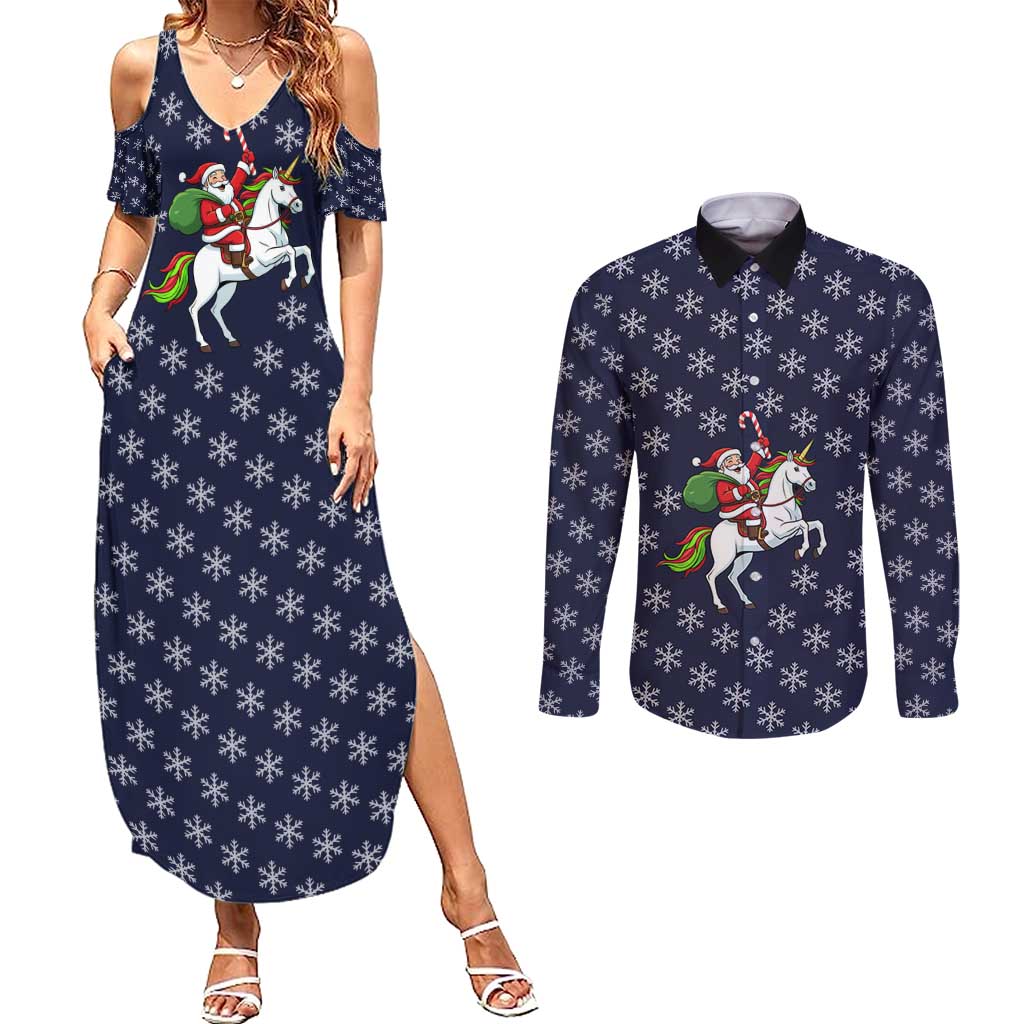 Horse And Santa Claus Christmas Christmas Couples Matching Summer Maxi Dress and Long Sleeve Button Shirt Xmas Holiday Patterns - Wonder Print Shop