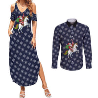 Horse And Santa Claus Christmas Christmas Couples Matching Summer Maxi Dress and Long Sleeve Button Shirt Xmas Holiday Patterns - Wonder Print Shop