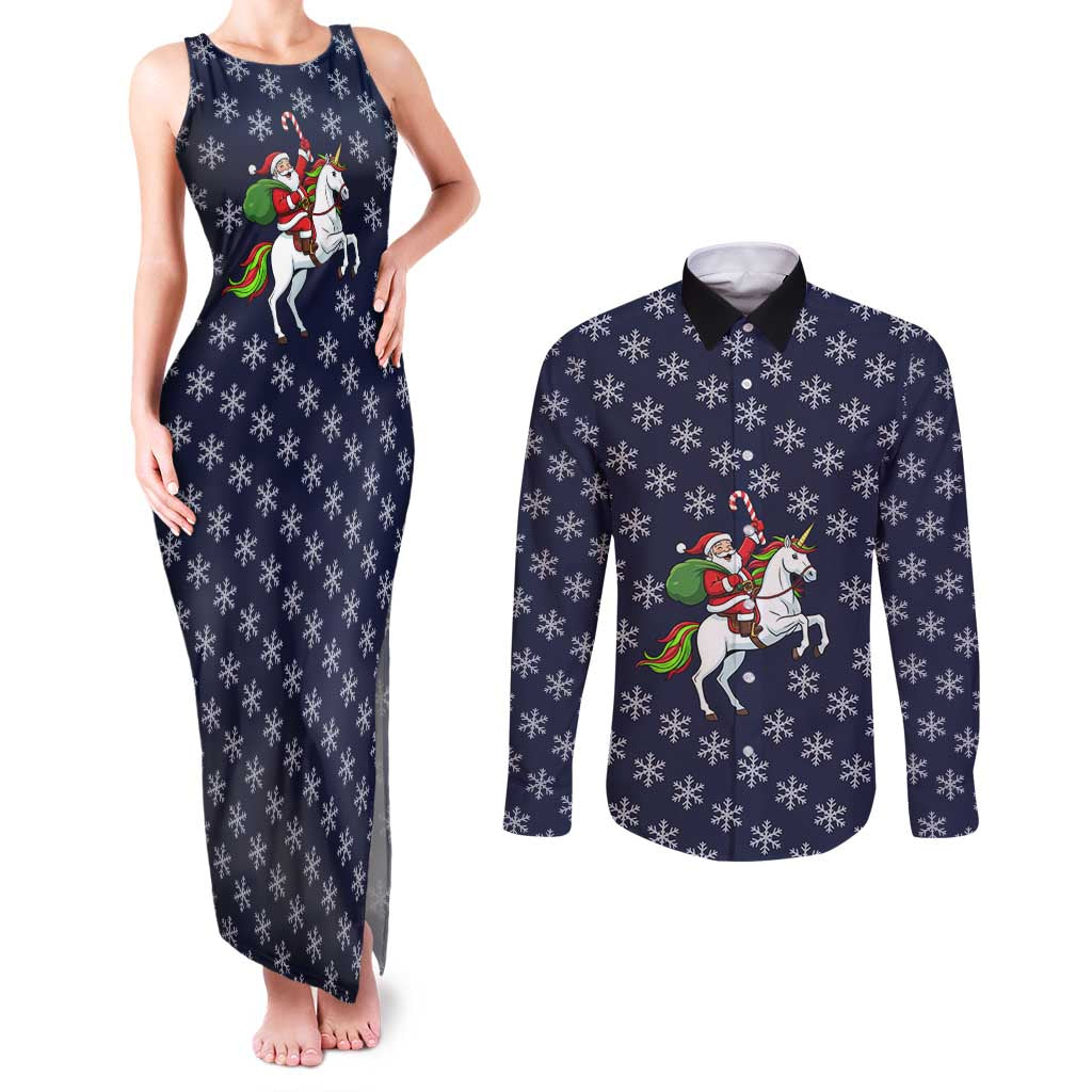 Horse And Santa Claus Christmas Christmas Couples Matching Tank Maxi Dress and Long Sleeve Button Shirt Xmas Holiday Patterns - Wonder Print Shop