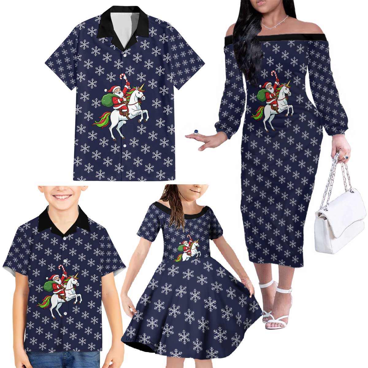 Horse And Santa Claus Christmas Christmas Family Matching Off The Shoulder Long Sleeve Dress and Hawaiian Shirt Xmas Holiday Patterns - Wonder Print Shop