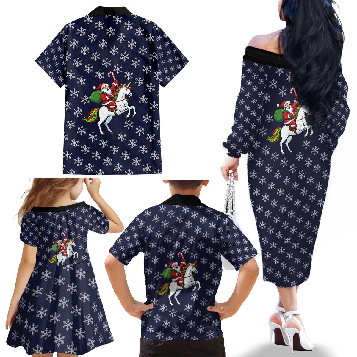 Horse And Santa Claus Christmas Christmas Family Matching Off The Shoulder Long Sleeve Dress and Hawaiian Shirt Xmas Holiday Patterns - Wonder Print Shop