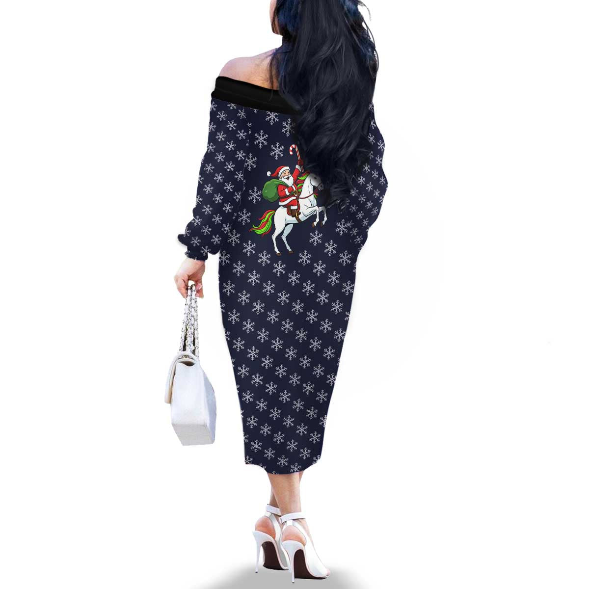 Horse And Santa Claus Christmas Christmas Family Matching Off The Shoulder Long Sleeve Dress and Hawaiian Shirt Xmas Holiday Patterns - Wonder Print Shop