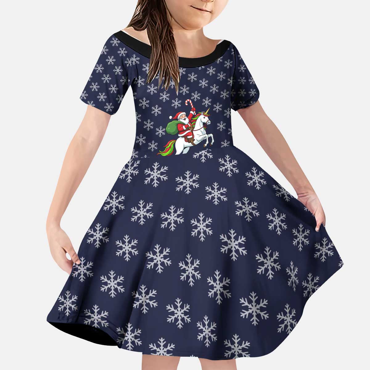 Horse And Santa Claus Christmas Christmas Kid Short Sleeve Dress Xmas Holiday Patterns - Wonder Print Shop