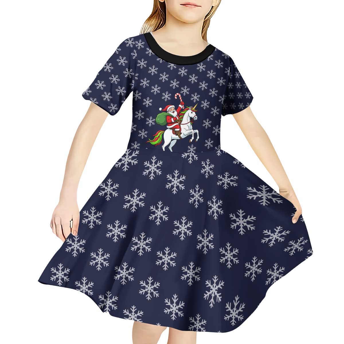 Horse And Santa Claus Christmas Christmas Kid Short Sleeve Dress Xmas Holiday Patterns - Wonder Print Shop