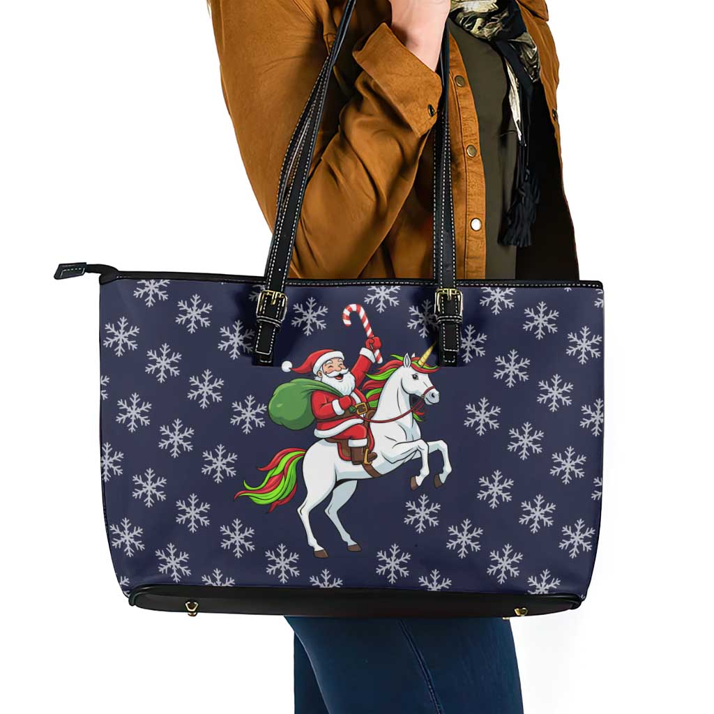 Horse And Santa Claus Christmas Christmas Leather Tote Bag Xmas Holiday Patterns - Wonder Print Shop