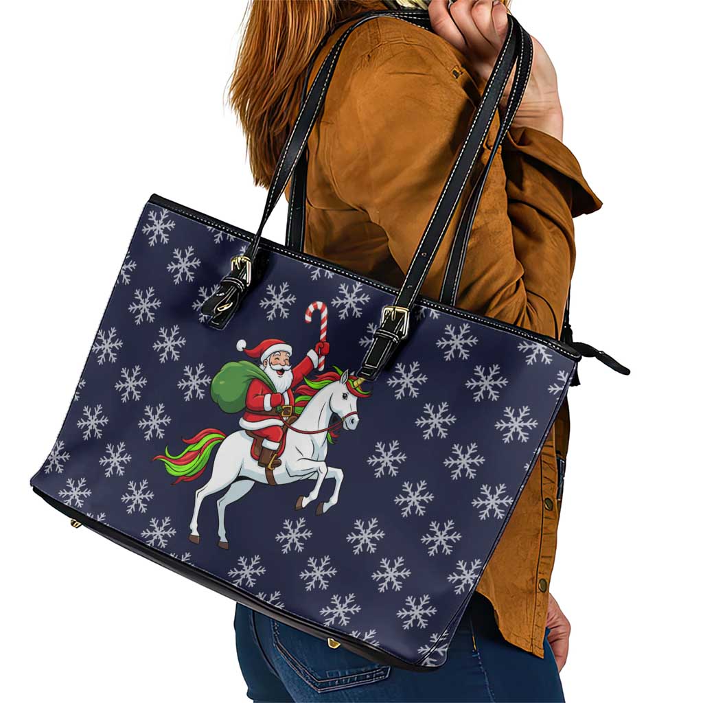 Horse And Santa Claus Christmas Christmas Leather Tote Bag Xmas Holiday Patterns - Wonder Print Shop