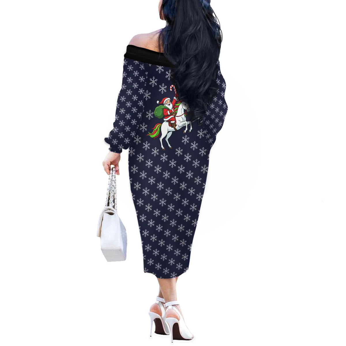 Horse And Santa Claus Christmas Christmas Off The Shoulder Long Sleeve Dress Xmas Holiday Patterns - Wonder Print Shop