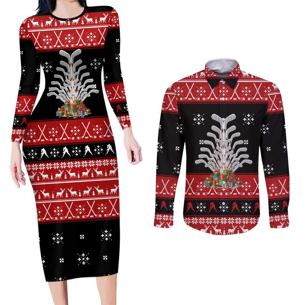 Hockey Is Back Christmas Couples Matching Long Sleeve Bodycon Dress and Long Sleeve Button Shirt Xmas Holiday Patterns - Wonder Print Shop