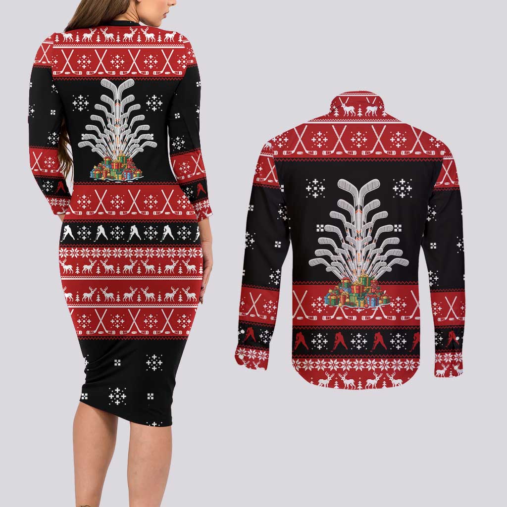 Hockey Is Back Christmas Couples Matching Long Sleeve Bodycon Dress and Long Sleeve Button Shirt Xmas Holiday Patterns - Wonder Print Shop
