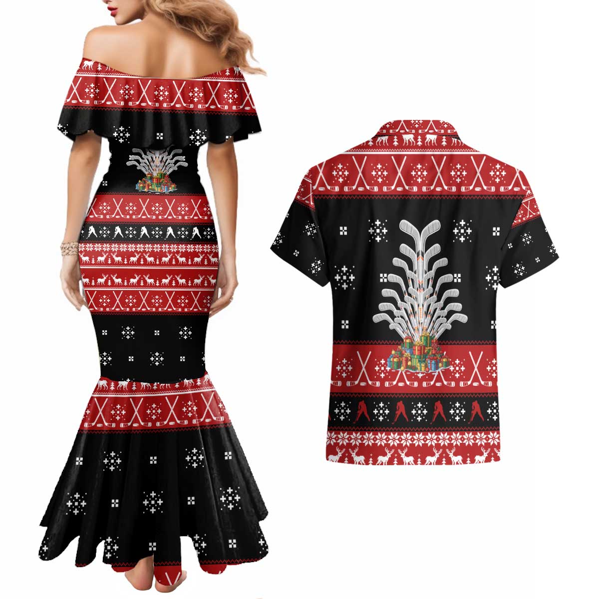 Hockey Is Back Christmas Couples Matching Mermaid Dress and Hawaiian Shirt Xmas Holiday Patterns - Wonder Print Shop