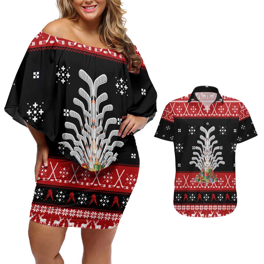 Hockey Is Back Christmas Couples Matching Off Shoulder Short Dress and Hawaiian Shirt Xmas Holiday Patterns - Wonder Print Shop