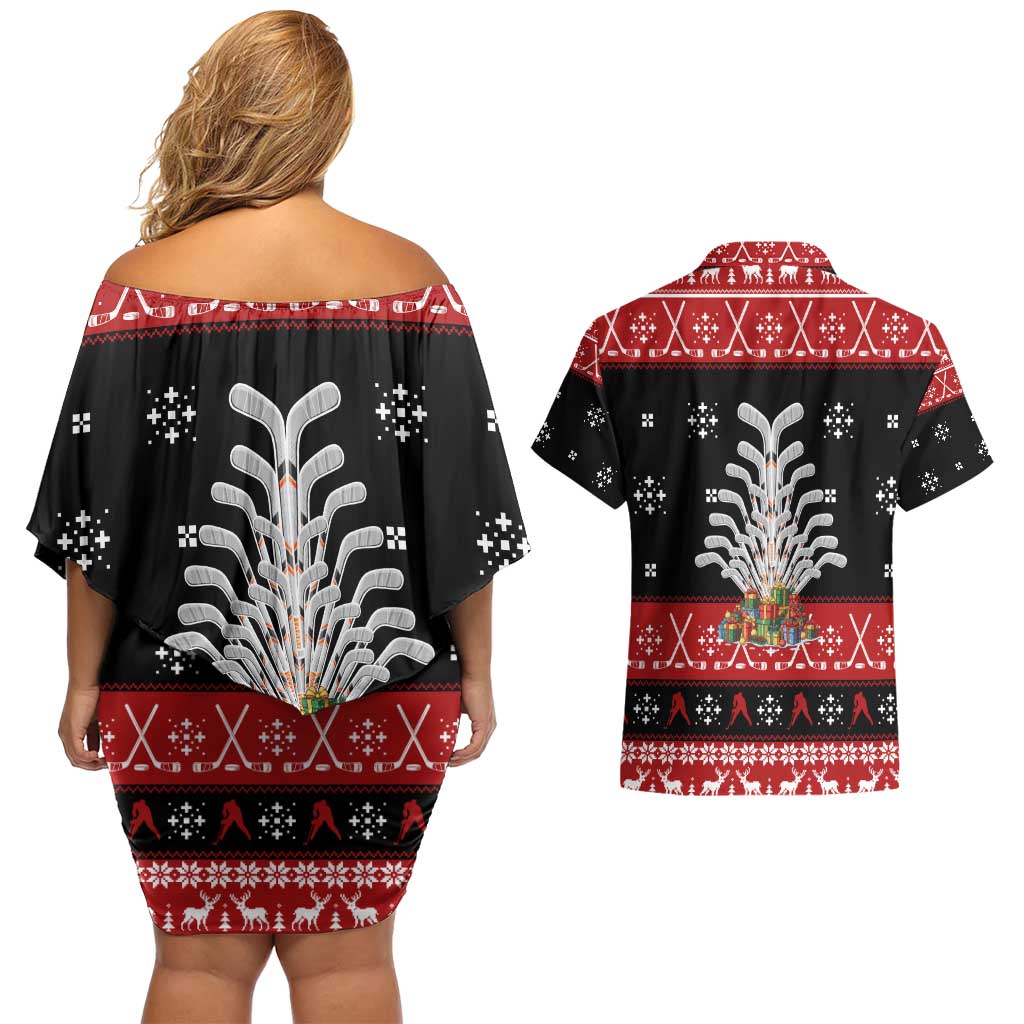Hockey Is Back Christmas Couples Matching Off Shoulder Short Dress and Hawaiian Shirt Xmas Holiday Patterns - Wonder Print Shop