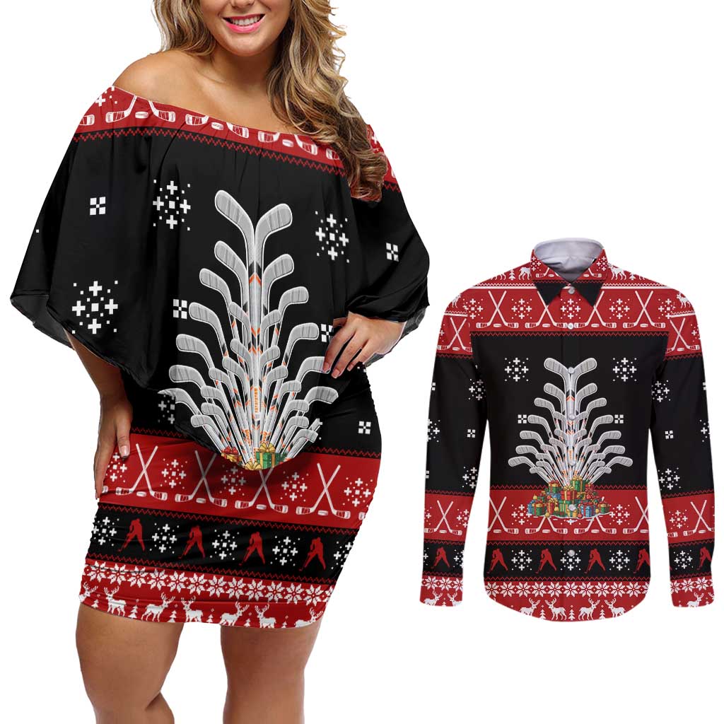 Hockey Is Back Christmas Couples Matching Off Shoulder Short Dress and Long Sleeve Button Shirt Xmas Holiday Patterns - Wonder Print Shop