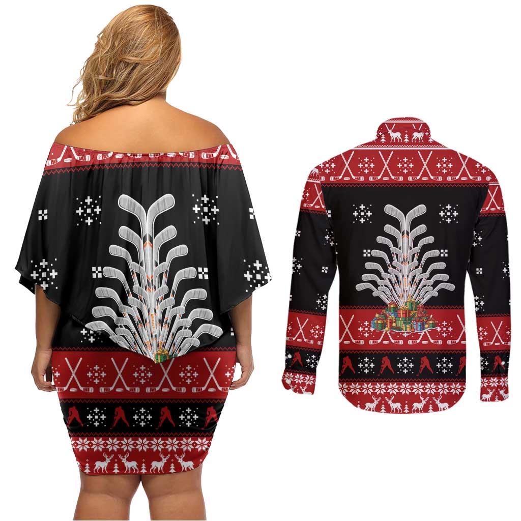 Hockey Is Back Christmas Couples Matching Off Shoulder Short Dress and Long Sleeve Button Shirt Xmas Holiday Patterns - Wonder Print Shop