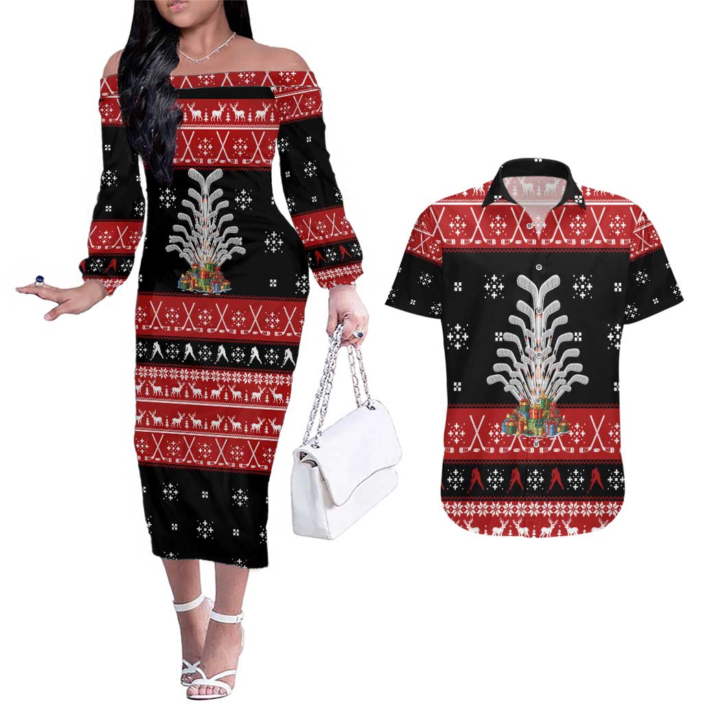 Hockey Is Back Christmas Couples Matching Off The Shoulder Long Sleeve Dress and Hawaiian Shirt Xmas Holiday Patterns - Wonder Print Shop
