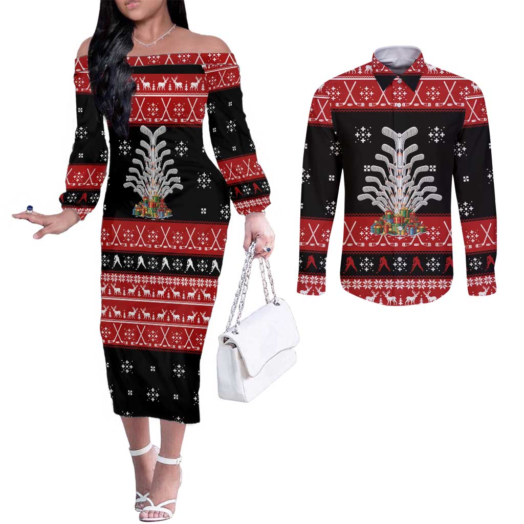 Hockey Is Back Christmas Couples Matching Off The Shoulder Long Sleeve Dress and Long Sleeve Button Shirt Xmas Holiday Patterns - Wonder Print Shop
