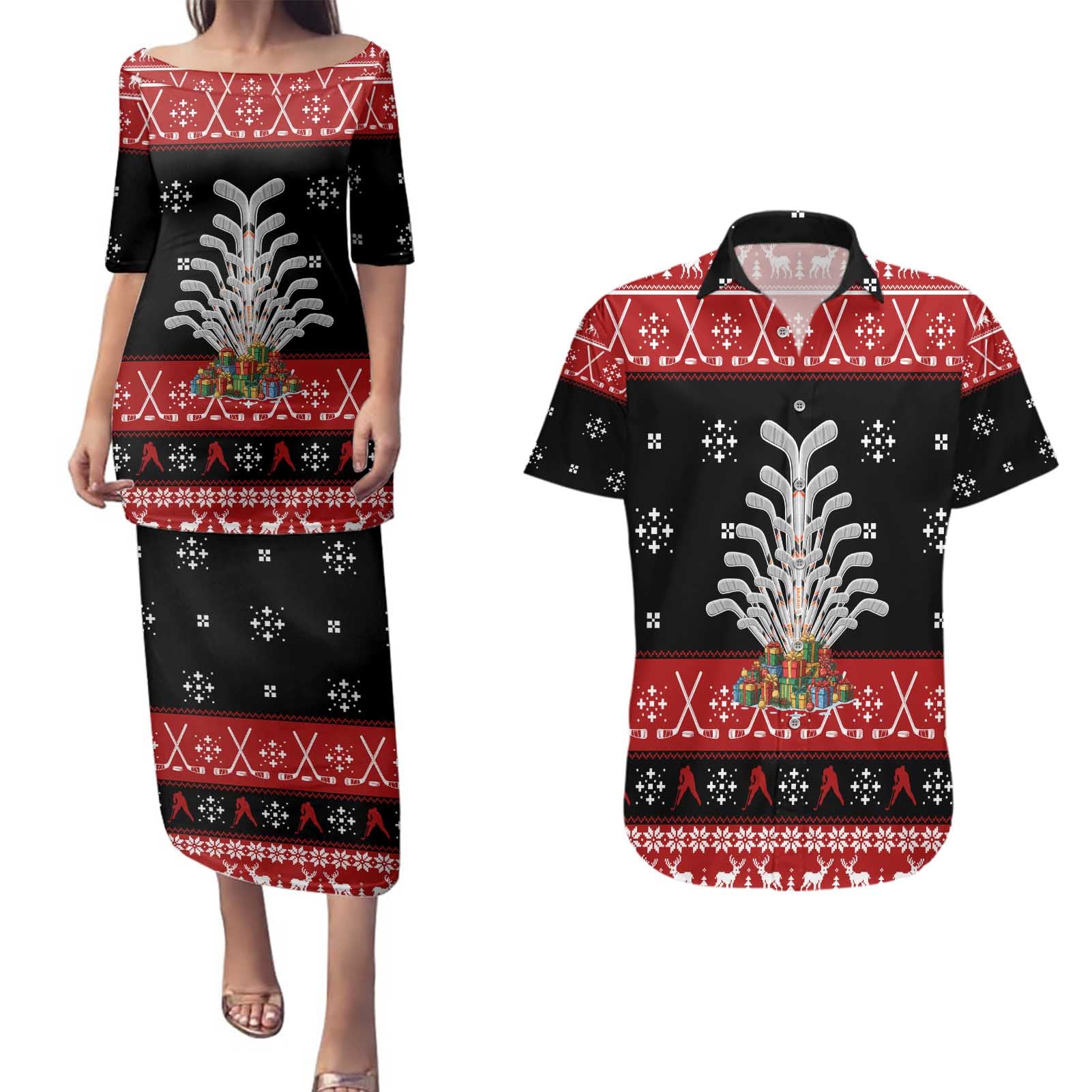 Hockey Is Back Christmas Couples Matching Puletasi and Hawaiian Shirt Xmas Holiday Patterns - Wonder Print Shop