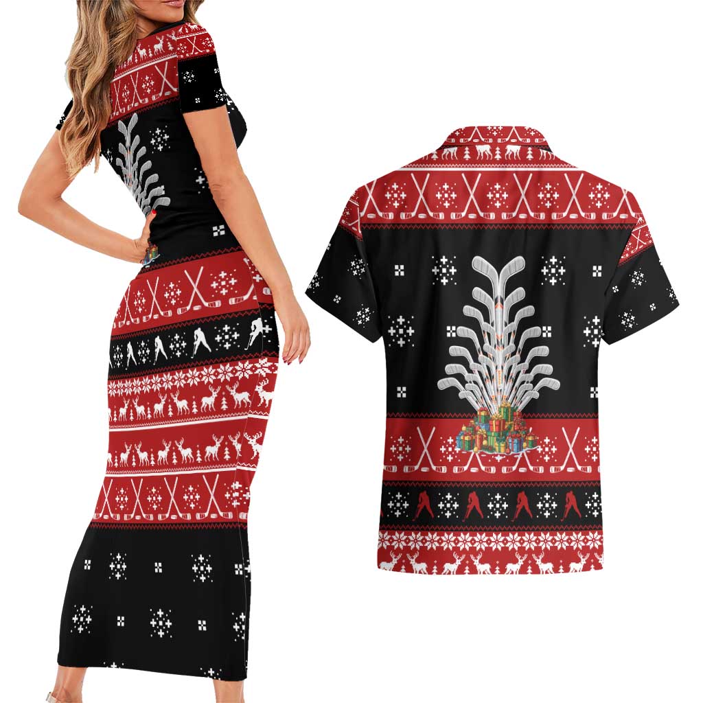 Hockey Is Back Christmas Couples Matching Short Sleeve Bodycon Dress and Hawaiian Shirt Xmas Holiday Patterns - Wonder Print Shop