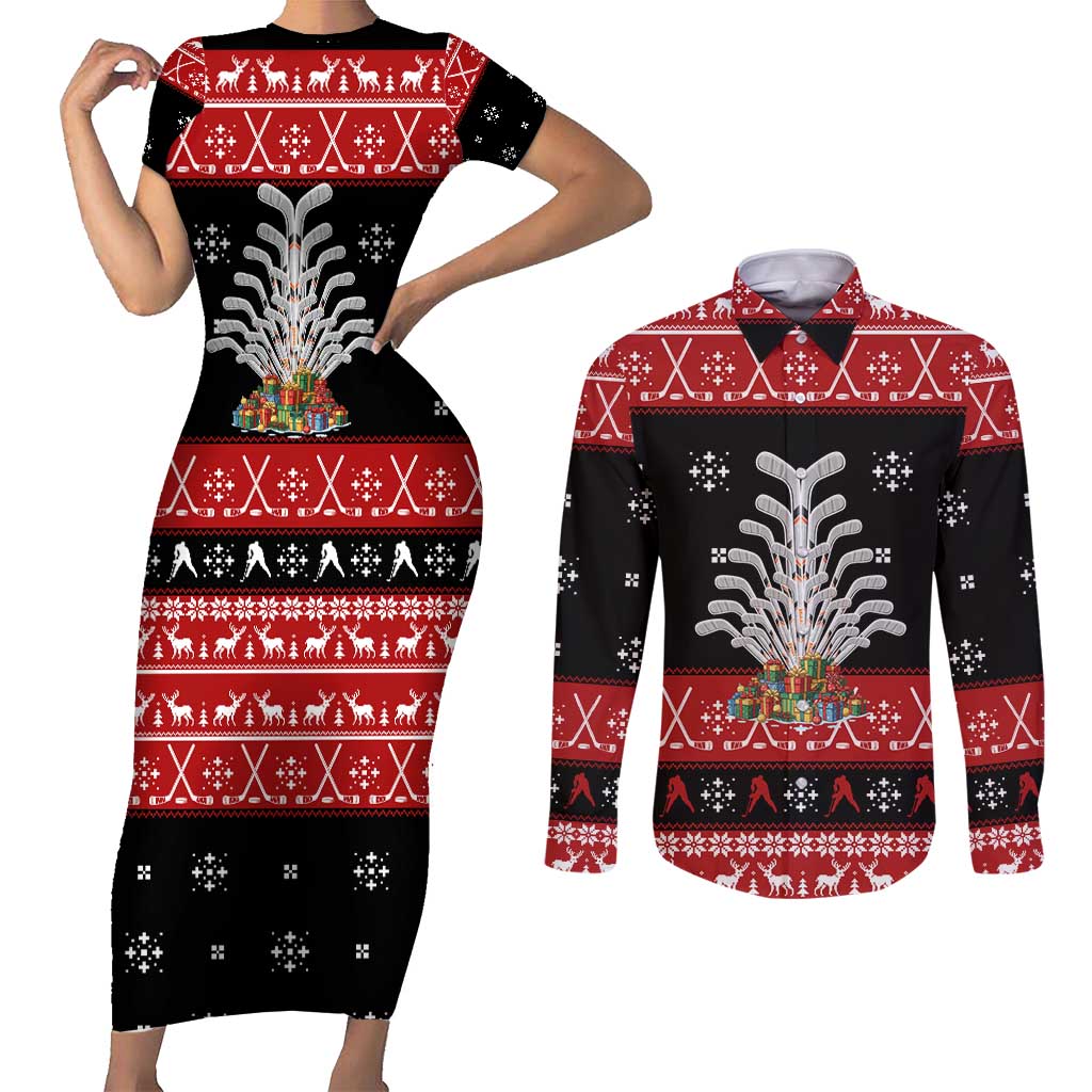 Hockey Is Back Christmas Couples Matching Short Sleeve Bodycon Dress and Long Sleeve Button Shirt Xmas Holiday Patterns - Wonder Print Shop
