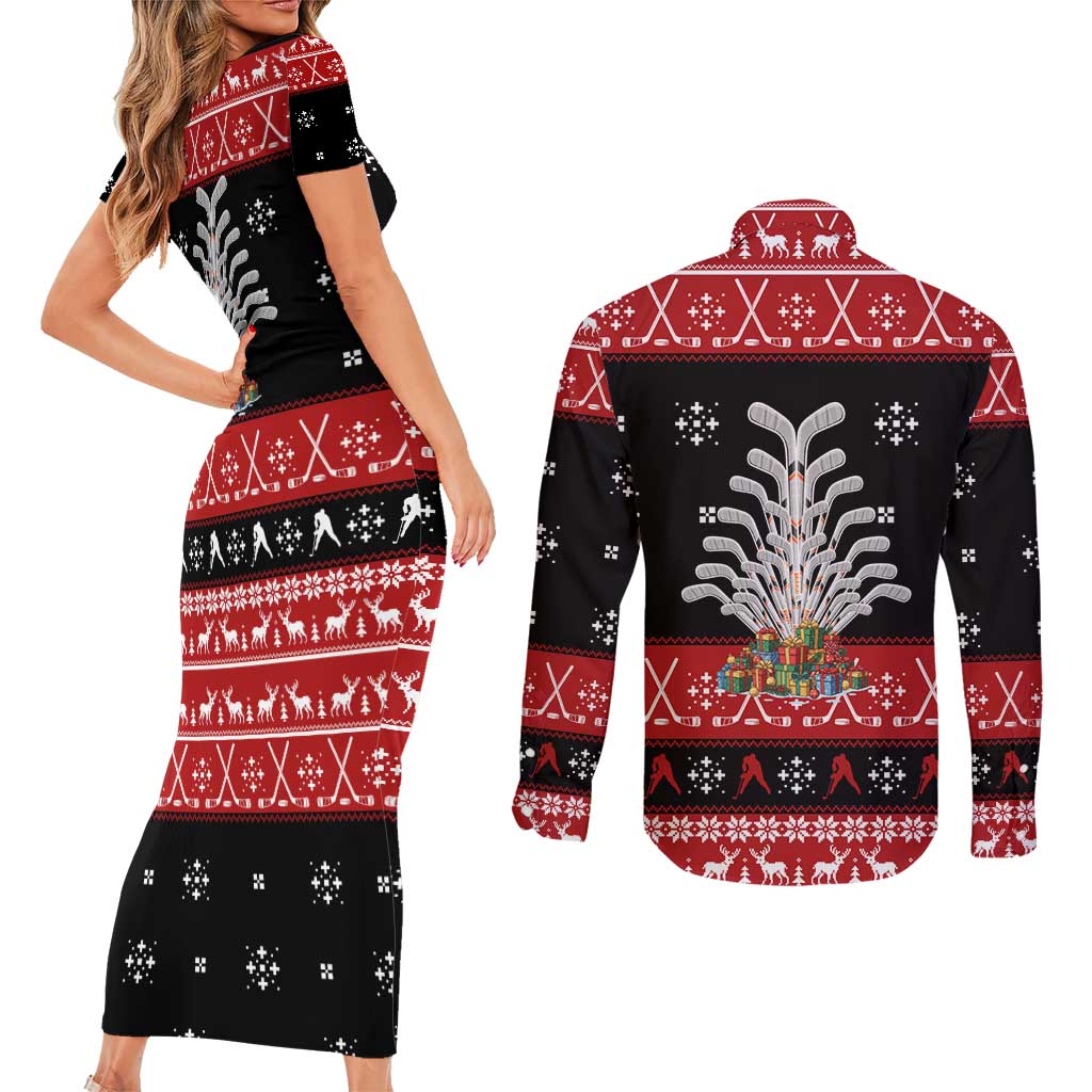 Hockey Is Back Christmas Couples Matching Short Sleeve Bodycon Dress and Long Sleeve Button Shirt Xmas Holiday Patterns - Wonder Print Shop