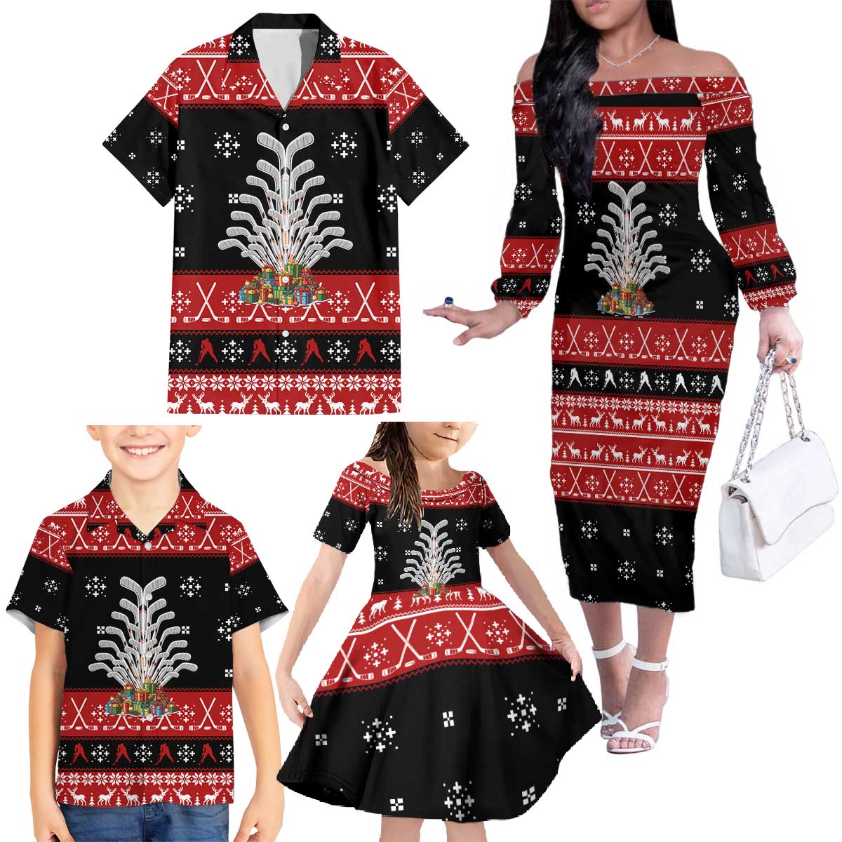 Hockey Is Back Christmas Family Matching Off The Shoulder Long Sleeve Dress and Hawaiian Shirt Xmas Holiday Patterns - Wonder Print Shop