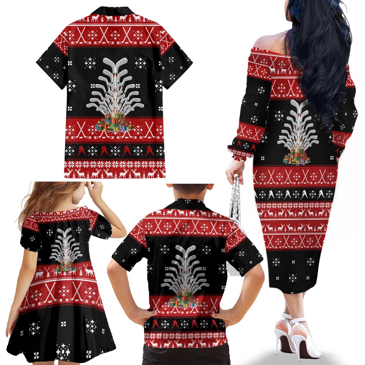 Hockey Is Back Christmas Family Matching Off The Shoulder Long Sleeve Dress and Hawaiian Shirt Xmas Holiday Patterns - Wonder Print Shop