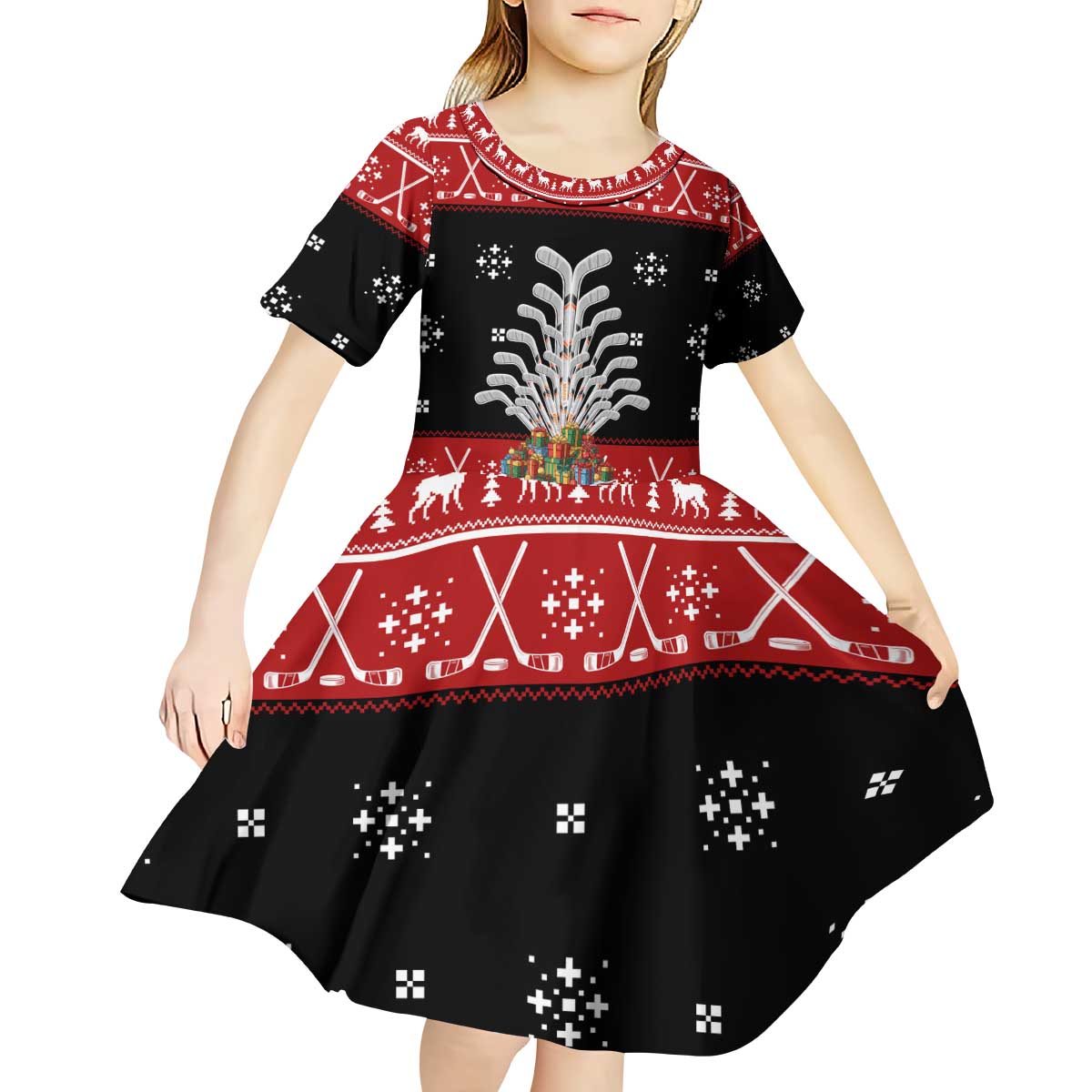 Hockey Is Back Christmas Kid Short Sleeve Dress Xmas Holiday Patterns - Wonder Print Shop