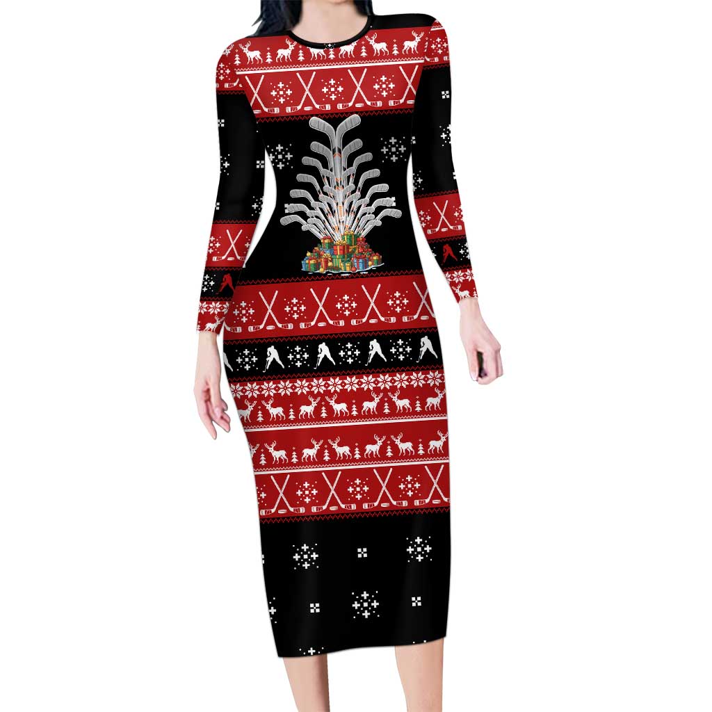 Hockey Is Back Christmas Long Sleeve Bodycon Dress Xmas Holiday Patterns - Wonder Print Shop