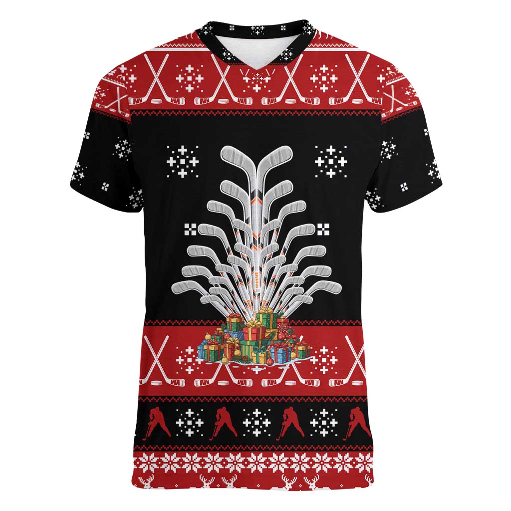 Hockey Is Back Christmas Women V-Neck T-Shirt Xmas Holiday Patterns - undefined