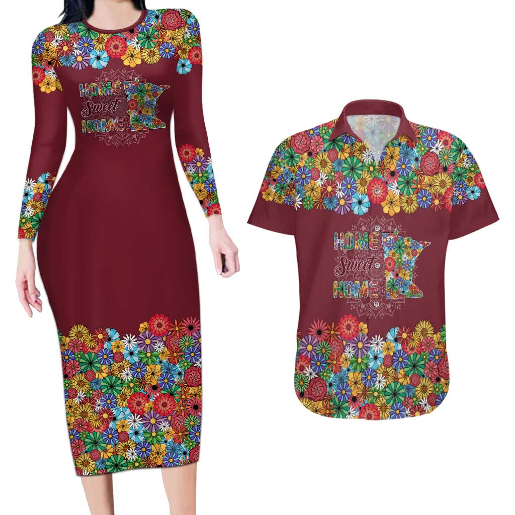 Home Sweet Home Minnesota Flower Christmas Couples Matching Long Sleeve Bodycon Dress and Hawaiian Shirt Xmas Holiday Patterns - Wonder Print Shop