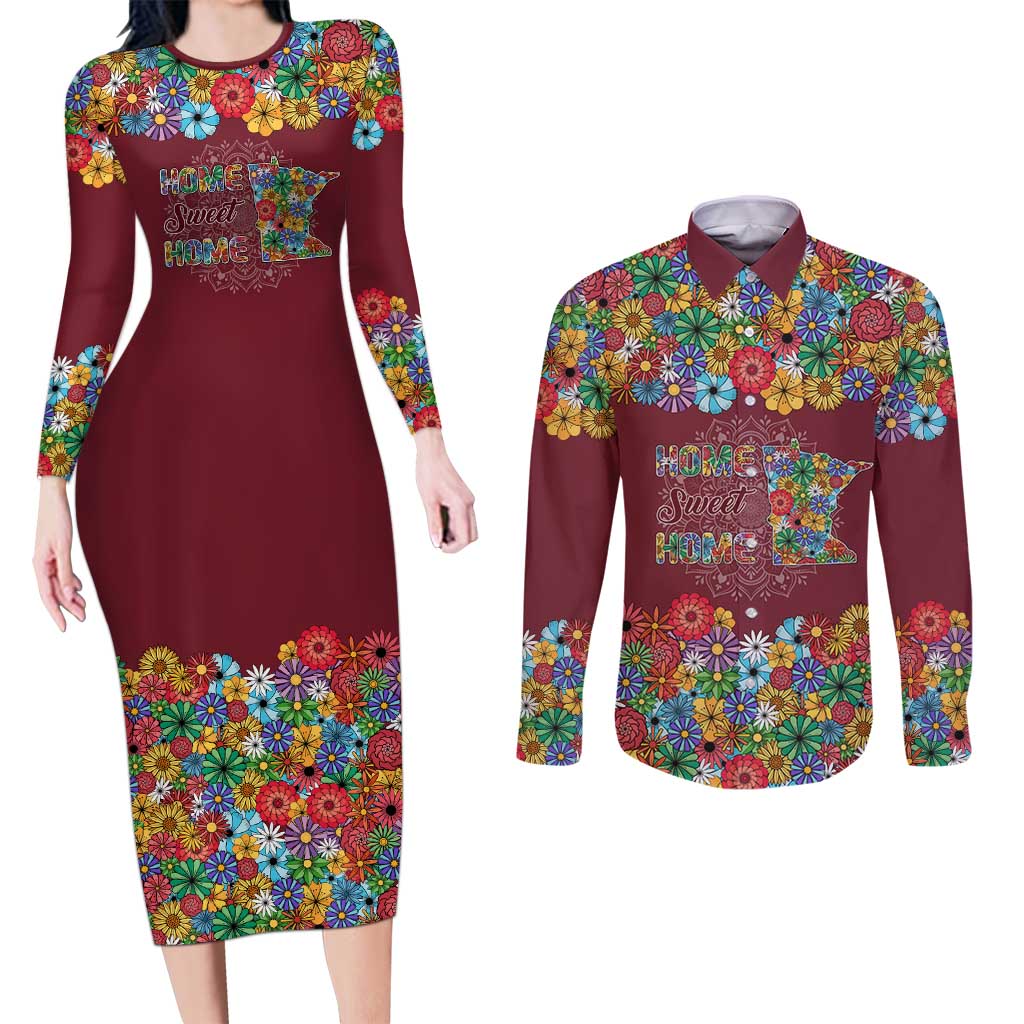 Home Sweet Home Minnesota Flower Christmas Couples Matching Long Sleeve Bodycon Dress and Long Sleeve Button Shirt Xmas Holiday Patterns - Wonder Print Shop