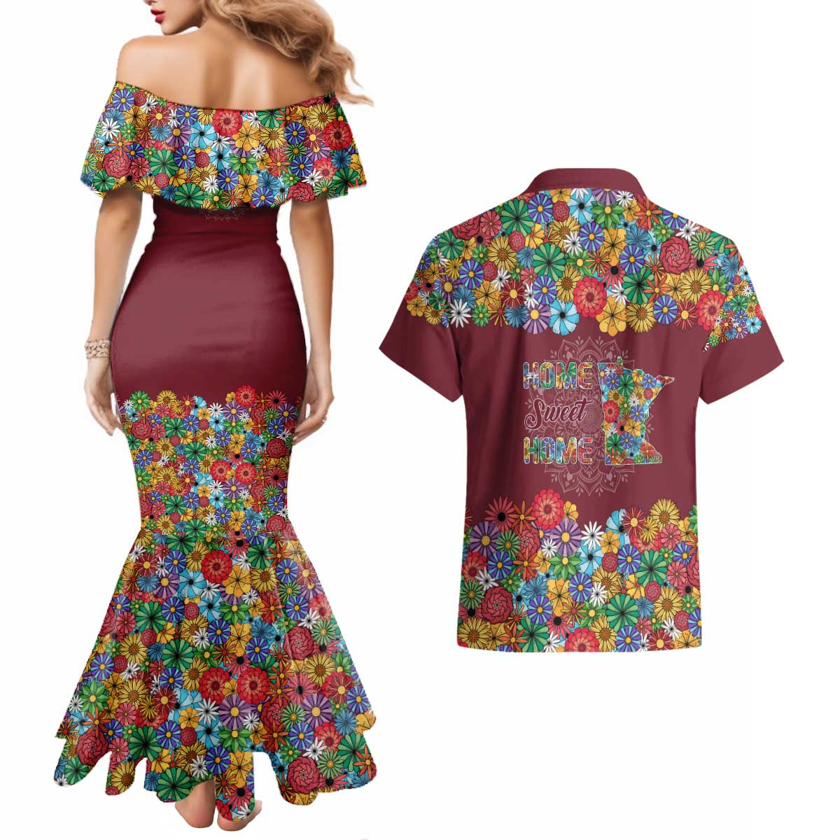 Home Sweet Home Minnesota Flower Christmas Couples Matching Mermaid Dress and Hawaiian Shirt Xmas Holiday Patterns - Wonder Print Shop